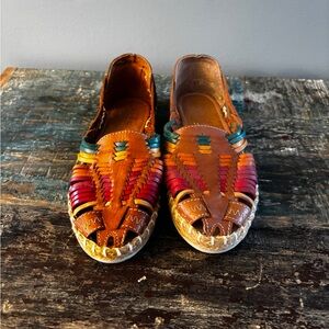 Handwoven Multicolor Leather Huarache Sandals - Brown & Red Accent
